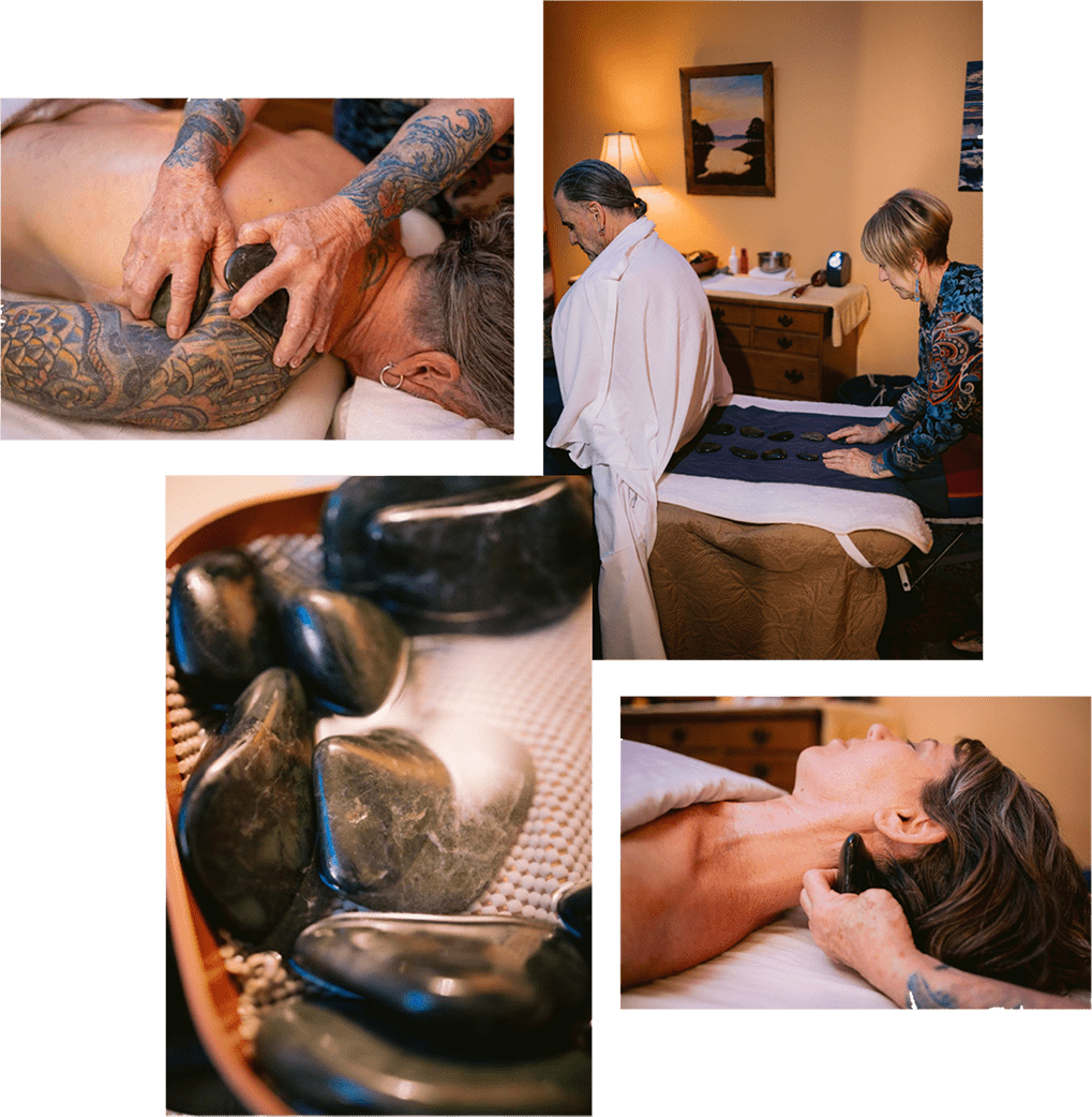 Collage of LaStone Massage therapy at Healing Solutions Massage & Restorative Therapies. Images feature massage therapist Maggie using heated basalt stones on a tattooed client’s back and neck, a client receiving treatment in a calming massage room, and a close-up of smooth, black massage stones.